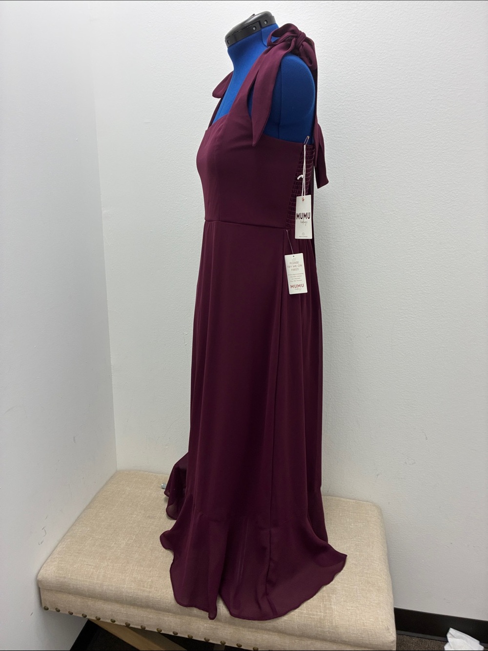 Women's Burgundy Tie-Shoulder Square-Neck Maxi Bridesmaid Dress - Picture 6 of 14